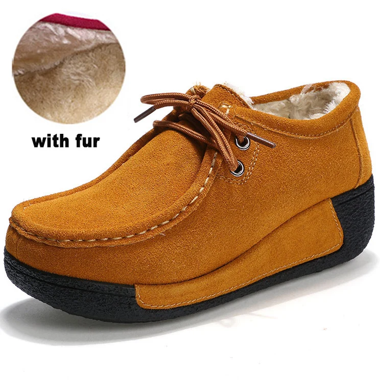 brown with fur Брендовая женская обувь; кроссовки из натуральной кожи на платформе; обувь для бега; женские лоферы на танкетке; Женская прогулочная обувь для бега - Цвет: brown with fur
