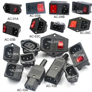2 3 Pin IEC320 C14 ไฟฟ้าซ็อกเก็ต LED 250V Rocker Switch ทองเหลือง 10A C6 ฟิวส์ Inlet Plug Connector คอมพิวเตอร์ Mount Outlet 1