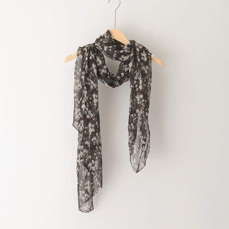 Women Silk Scarves Black Floral Flower Print Chiffon Sheer Scarf Lady Summer Thin Light Shawl Wraps Cover Up 190*90 Cm |