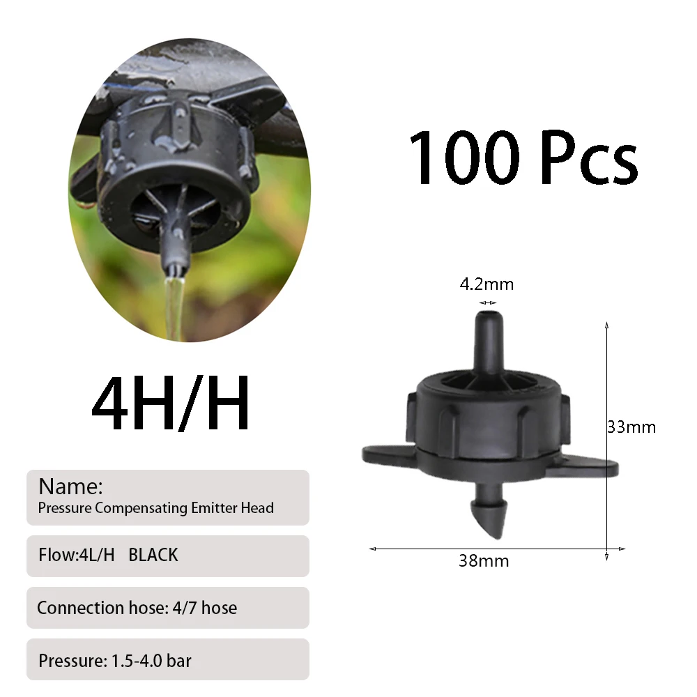 100/200 Pcs 2L/4L/8L Pressure Compensating Drip Emitters Adjustable Drippers Micro Connectors for Garden Lawn Drip Irrigation 