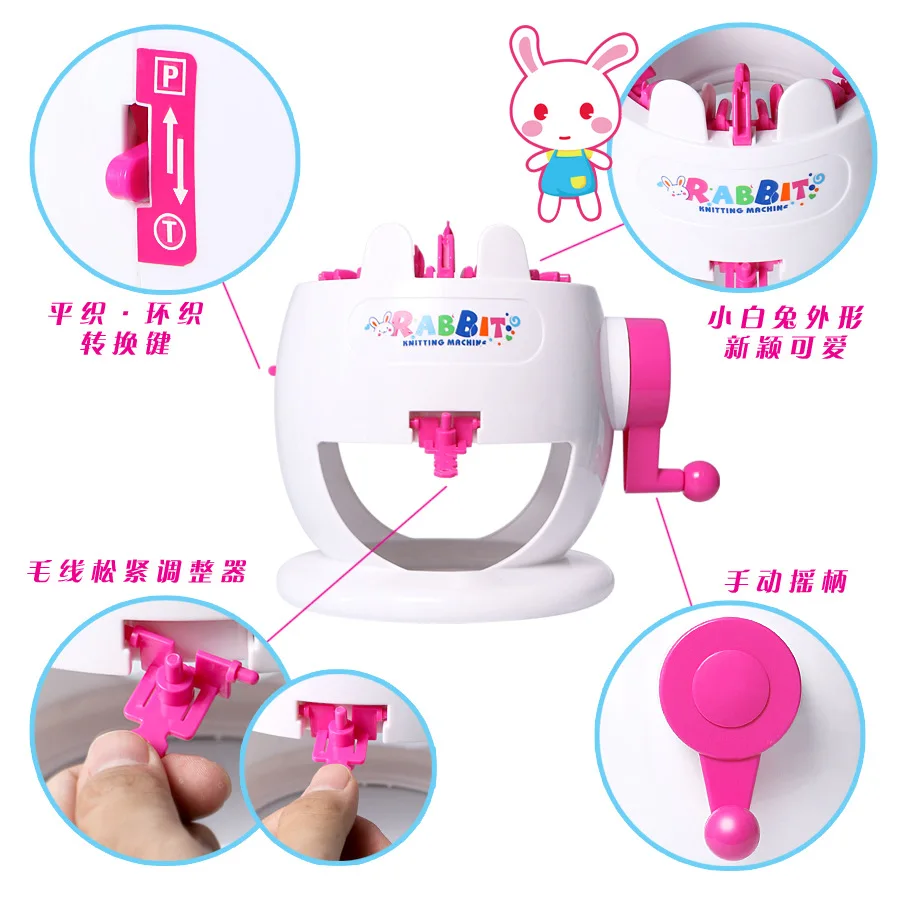 

Rabbit Hand-cranking to Knit Machine Children Play House Toys Hand-cranking Woven Wool Machine Rose Red Cylinder Woven Wool Mach