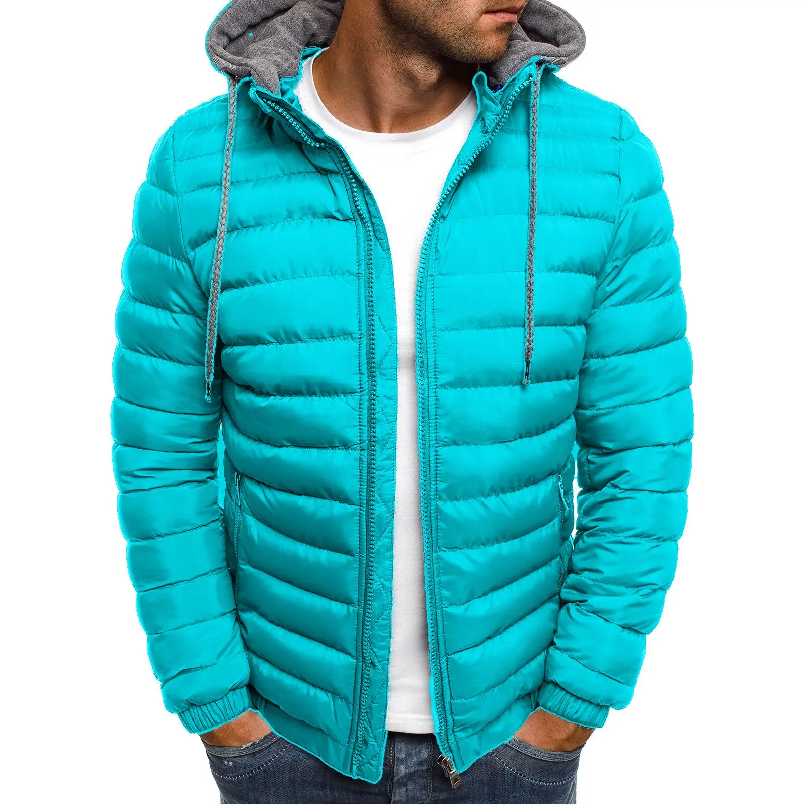 ZOGAA, зимние мужские парки, куртка, модное однотонное пальто на молнии с капюшоном, хлопок, Повседневная теплая одежда, пальто, Мужская Уличная одежда - Цвет: lake blue