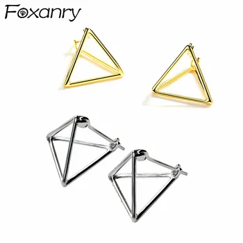 

Foxanry Prevent Allergy 925 Sterling Silver Stud Earrings Creative Simple Hollow 3D Triangle Trendy Party Jewelry for Women
