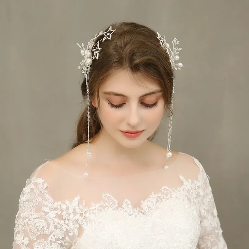 

Fashion Handmade Bride Headdress Pearls Star Tassel Headband Party Prom Pageant Hair Accessories Hair Jewelry Tiara Hairband