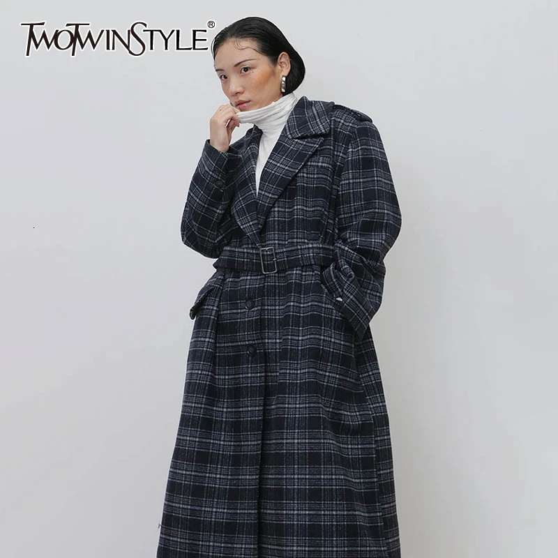 TWOTWINSTYLE корейское клетчатое шерстяное пальто на шнуровке для женщин, v-образный вырез, длинный рукав, высокая талия, с поясом, женские пальто, осенняя одежда, Новинка