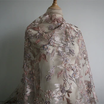 

super brown 3D beaded flowers lace fabric, embroidered lace patches for couture haute costume garment accessories