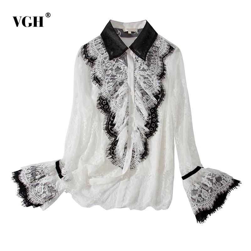 

VGH Lace Patchwork Sexy Perspective Womens Tops And Blouses Lapel Collar Flare Sleeve Shirt Female Fashion New 2019 Autumn