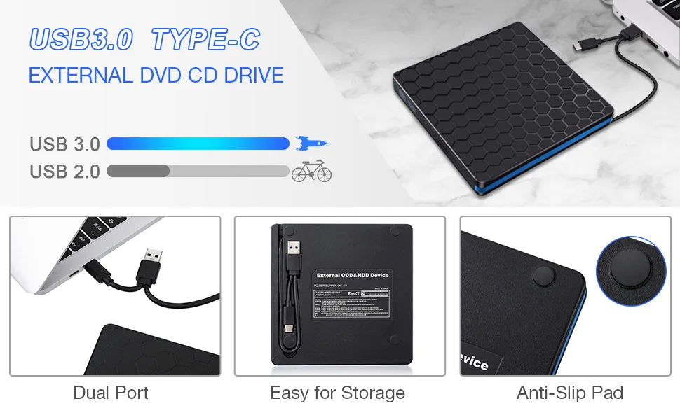 Внешний DVD привод USB 3,0 Тип C CD привод двойной порт DVD-RW плеер высокоскоростной передачи данных для ноутбук, настольный компьютер ПК