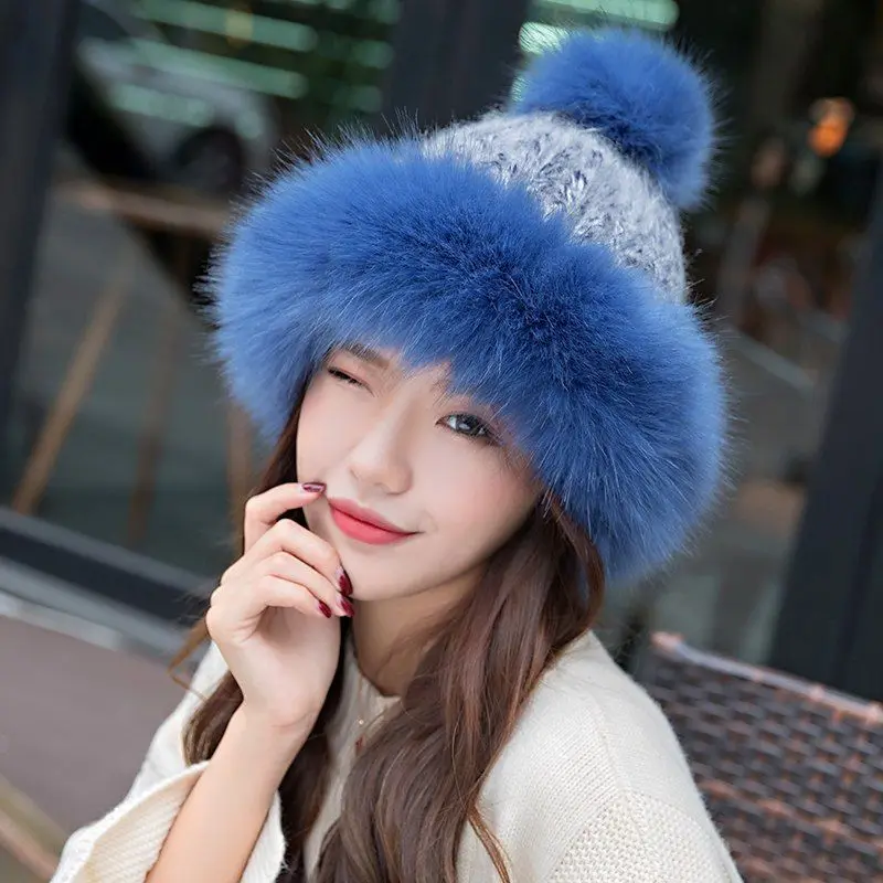 Blue Лыжная шапка из пушистого искусственного меха, зимние помпоны-кролики, вязаная Шапочка, подарок на праздник, женские шапочки - Цвет: Blue