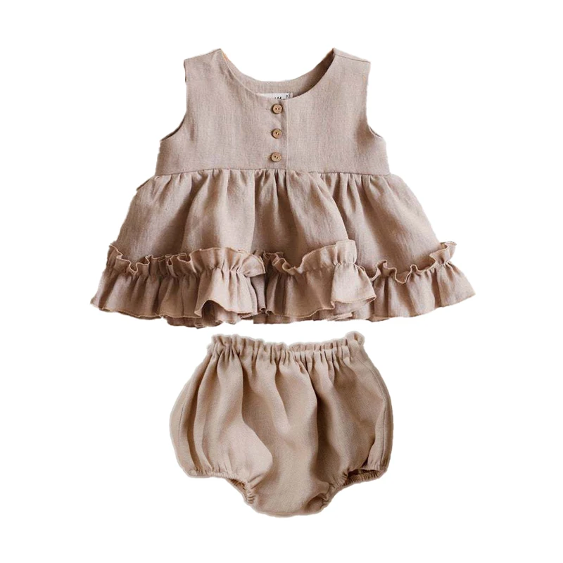 One Set Baby Girls Dress Suits 0-2T Summer Cotton Linen Rayon Solid Color Vest Sleeveless Skirt Princess Style Ruffles Lace
