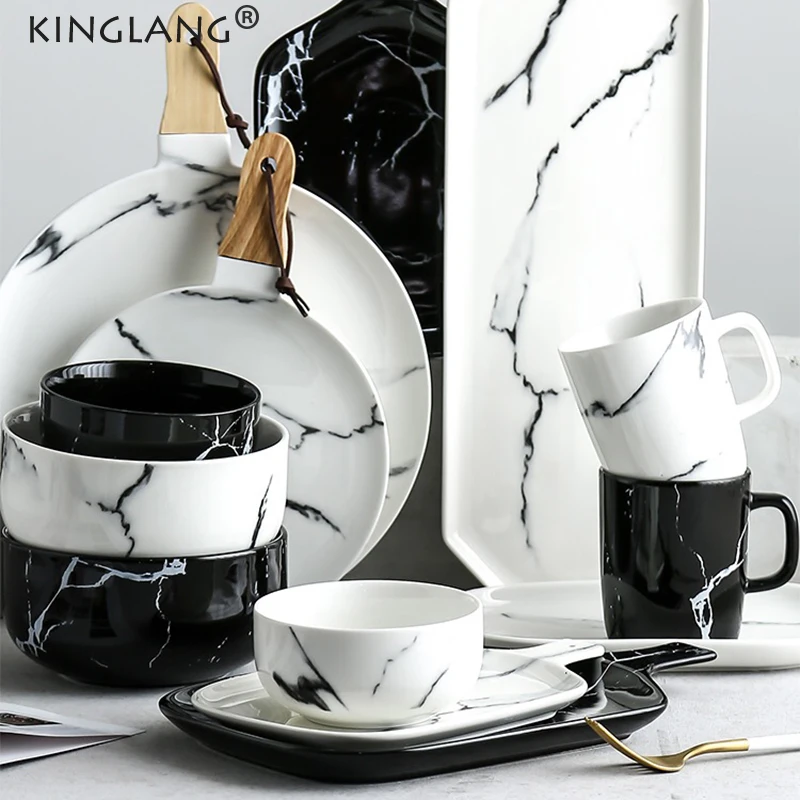 KINGLANG Western Design Ceramic Steak Plate with Wooden Handle Ceramic Marble Dinnerware Collection High Quality Dish Plates