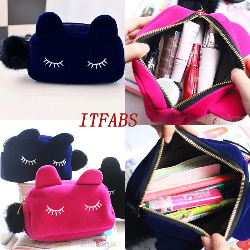 

Cute Cat Makeup Bags Case Box with Zipper Cosmetic School Stationery Velour Pouch Purse Travel Make Up Bag