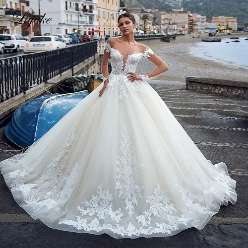 Picture Ivory Color Liyuke с длинным рукавом бальное платье совок декольте с Часовня Поезд свадебное платье - Цвет: Picture Ivory Color