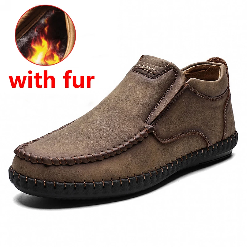Dark brown Fur Модные рабочие ботинки мужская обувь из натуральной кожи повседневные кожаные ботинки для мужчин теплые зимние ботинки обувь для вождения Осенняя обувь Большие размеры 38-46 - Цвет: Dark brown Fur