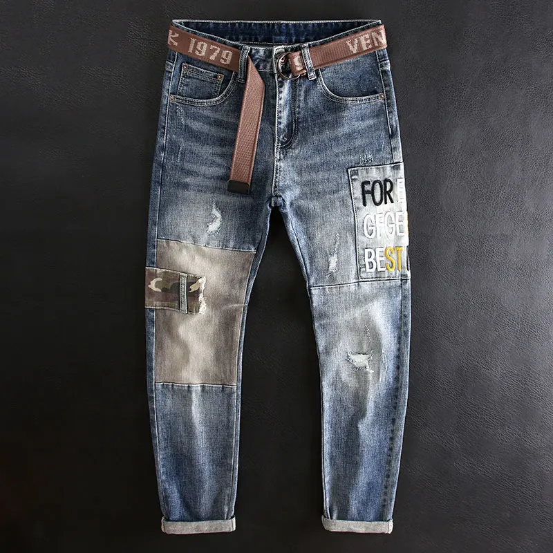 Newly Street Fashion Men Jeans Retro Blue Elastic Slim Fit Ripped Jeans Men Embroidery Patches Designer Hip Hop Denim Punk Pants