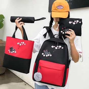 

4 Sets/Pcs Laptop Backpack Ribbons School Backpacks cute cat Schoolbag For Teenagers Girls Student Book Bag Female Satchel