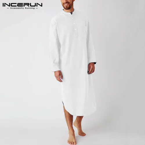 INCERUN-면소재 남성 수면 가운, 단색 긴 소매 나이트 가운, O 넥 레저 남성 목욕 가운, 편안한 홈웨어, 플러스 사이즈, 2023 3