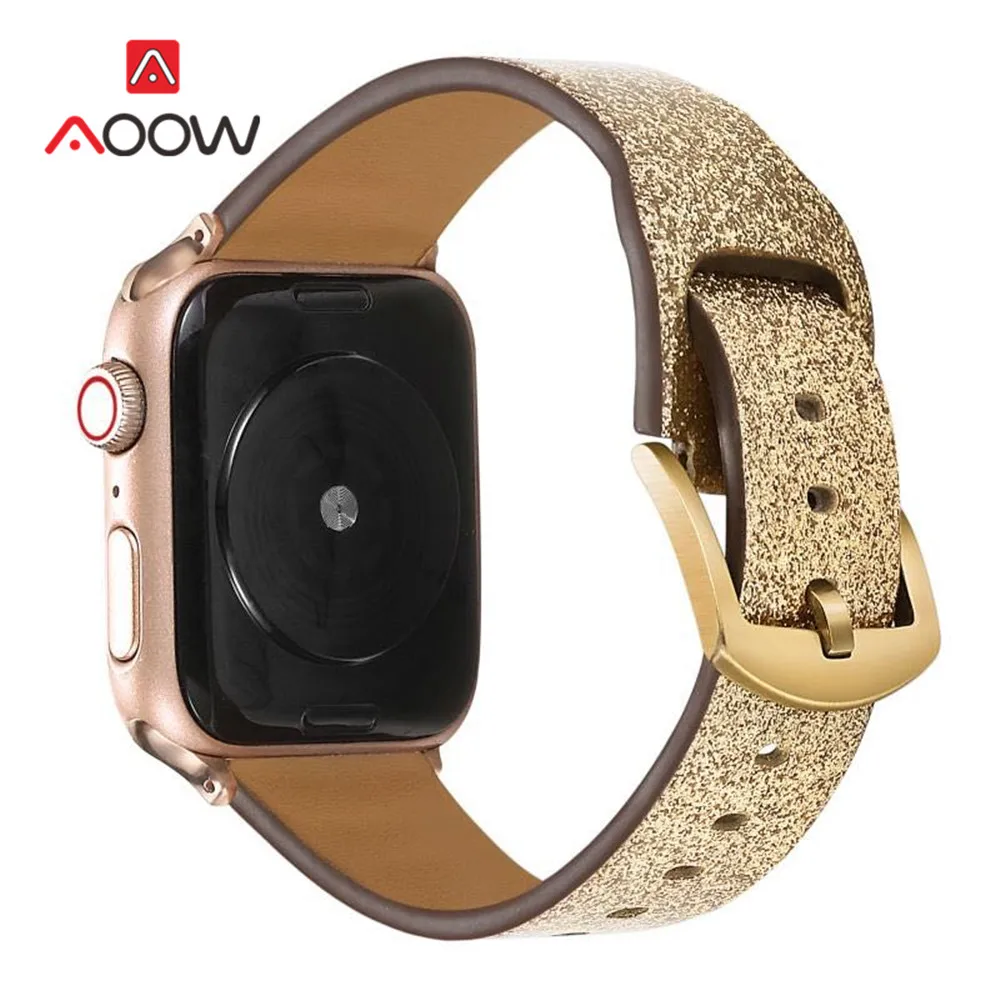 Shining Gold Сияющий ремешок для часов из натуральной кожи для Apple Watch 4, 5, 38 мм, 42 мм, 40 мм, 44 мм, застежка из розового золота, браслет, ремешок для iWatch 1, 2, 3 - Цвет ремешка: Shining Gold