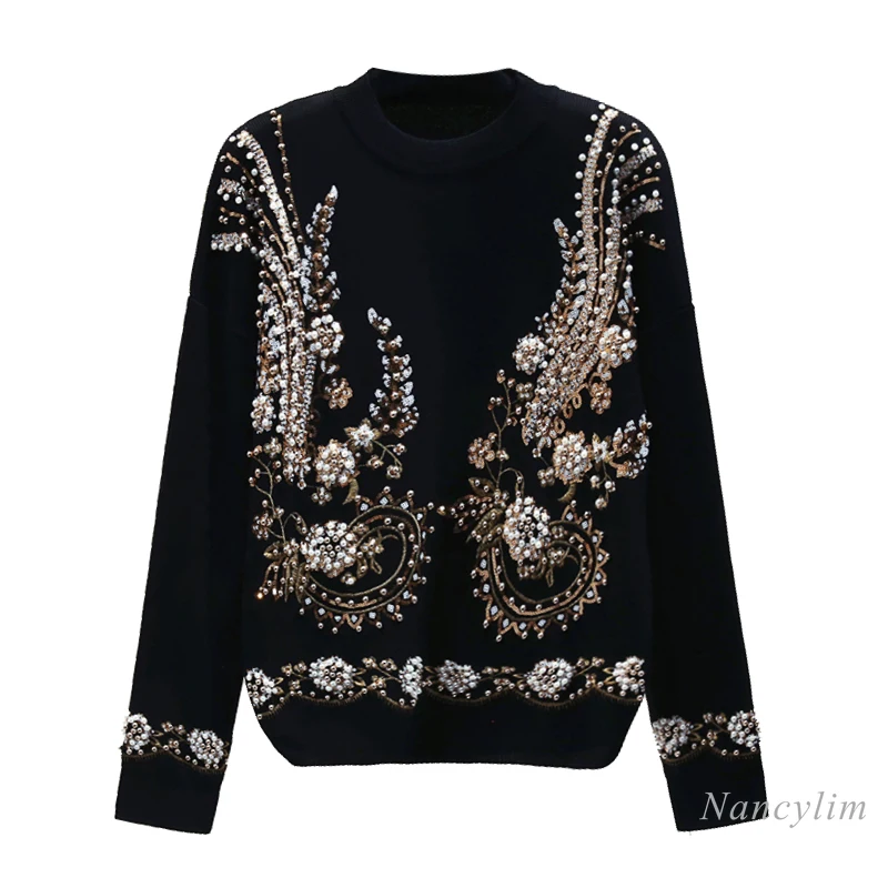 Studded Beaded Petal Pullover Knitting Sweater