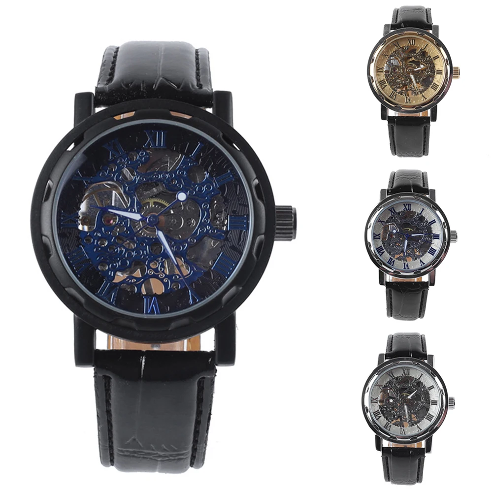 Men Top Faux Leather Band Roman Numerals Hand-Wind Mechanical Watches Waterproof Sports Army Automatic Skeleton Men Watch reloj
