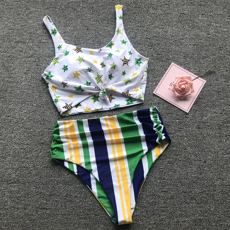 

Sexy Women's Swimwear Brazilian Print Front Knot High Waist Bikini Set Monokini Female Bathing Suit Beach Wear