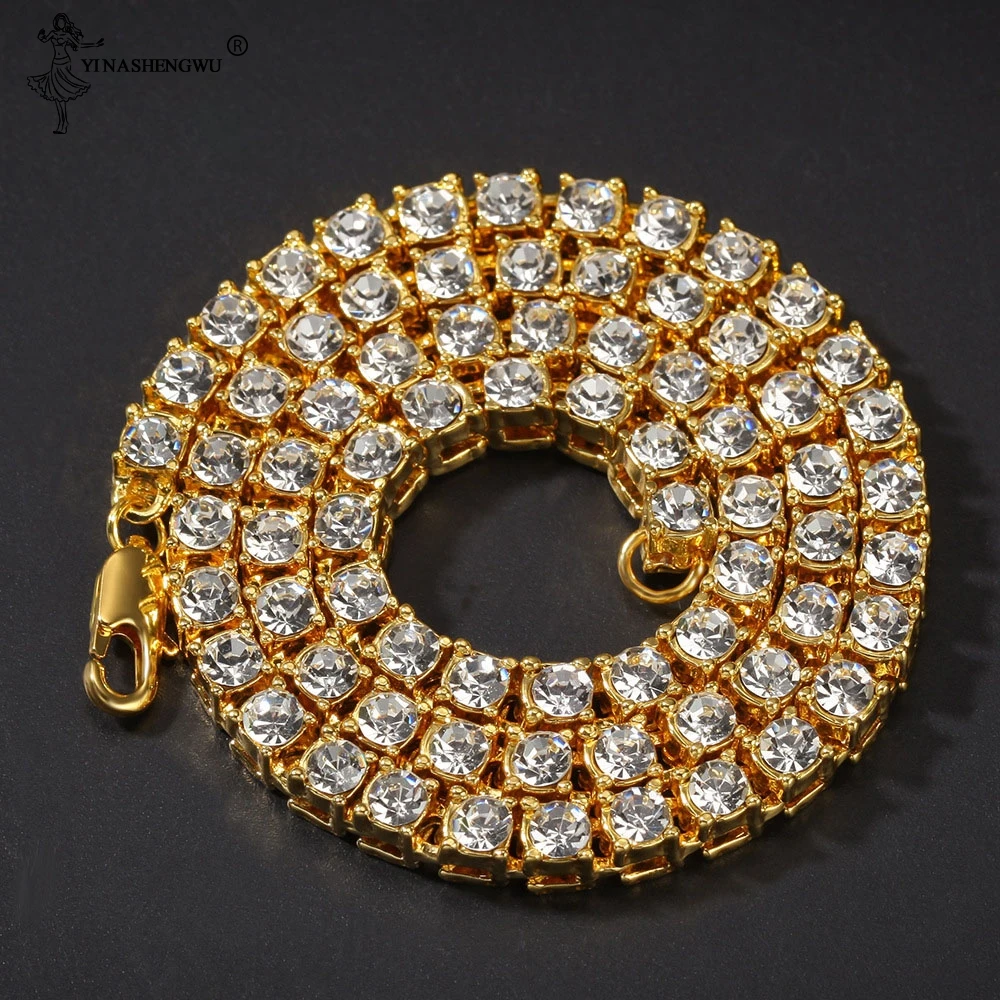Мужское ожерелье в стиле хип-хоп, панк, 1 ряд, круглая огранка, 5 мм, стразы, теннисная цепь, серебро, розовое золото, черный цвет, ожерелье для женщин