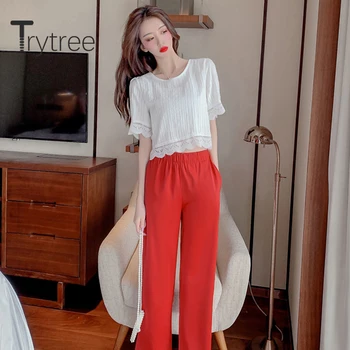 

Trytree 2020 Summer Women Two Piece Set Casual O-neck Solid Loose Blouse Tops + Pants Elastic Waist Wide leg pants 2 Piece Set