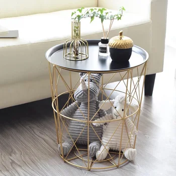 

ins Northern Europe style Modern Gold Round Wire Metal Storage Basket Side Table Bedroom Balcony Corner Tea Table-Dropship