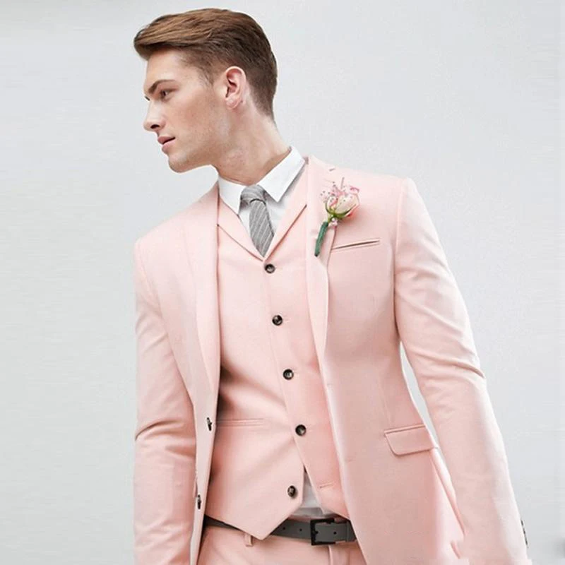 Notched Lapel Pink Slim Fit Wedding Men Suits Groom Tuxedos 3 Pieces (Jacket+Pants+Vest) Bridegroom Suits Best Man Blazer