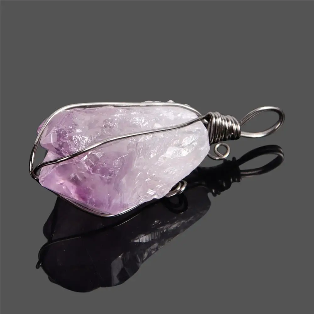 Retail 1pc Natural stone amethysts tooth irregular rough handmade copper wire clad pendant | Украшения и аксессуары