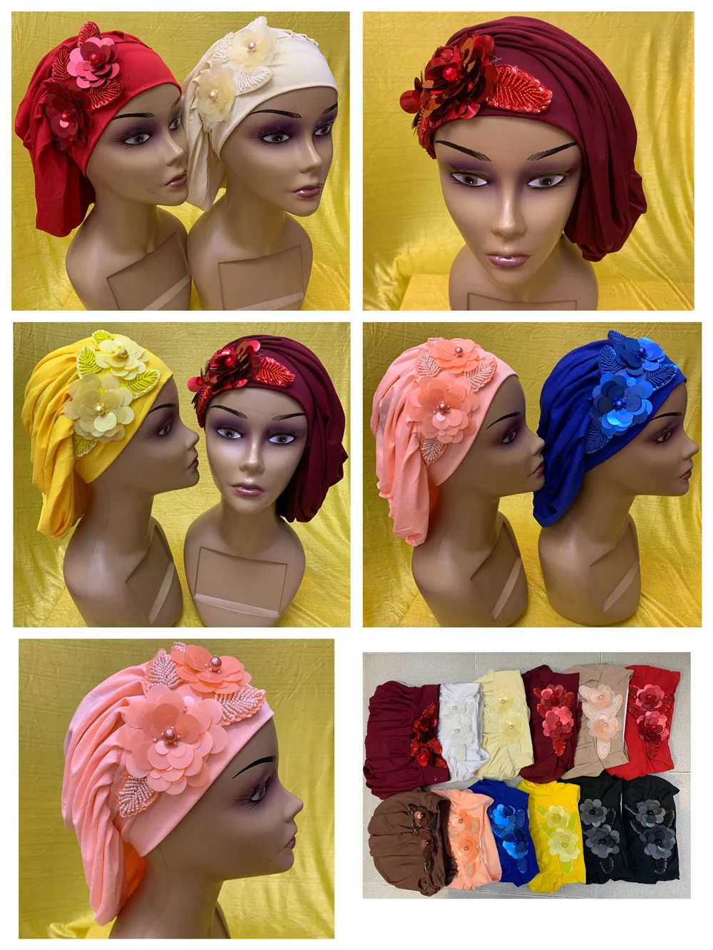 

Beautiful Women's Turban Caps Flowers Headscarf Bonnet Wedding Party Hat HeadWraps Ready to Wear Hijab Scarf Turban 12pcs/pack