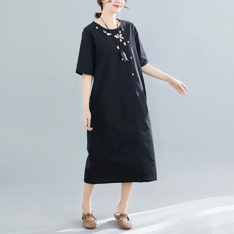 

Dress WOMEN'S Short Sleeved 2019 Amoi Korean-style Loose-Fit Crew Neck Embroidery Large Size Dress Slimming Casual Medium-length