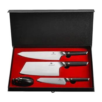 

4PCS Kitchen Knife Set With Sharpener 5Cr15 Stainless Steel Utility Chef Knives Chinese Cleaver Chef Knives Set With Wood Handle