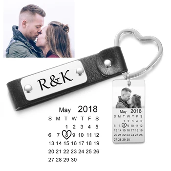 

Personalized Photo Engraved Letters Calendar Keychain Love Heart Key Ring Date Gift Stainless Steel Souvenir Keychain SL-154