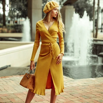 

CUPSHE Solid Yellow Belted V Neck Long Sleeve High Slit Wrap Midi Dress 2020 Spring Autumn Fashion Sexy Kintting Dress Vestidos