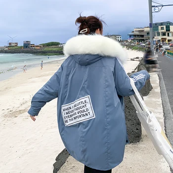

Korean Style Women's Winter Jacket Hooded Oversized Long Parkas Woman Loose Plus Size with Fur Collar Letter Patterm Coat Female