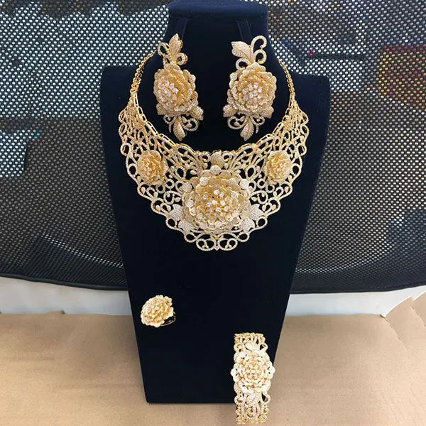 Gold GODKI 4 шт Макси роскошный кубический циркон цветок эффектные Ювелирные наборы нигерийский Свадебный модный Дубай Свадебные Ювелирные наборы для женщин - Окраска металла: Gold