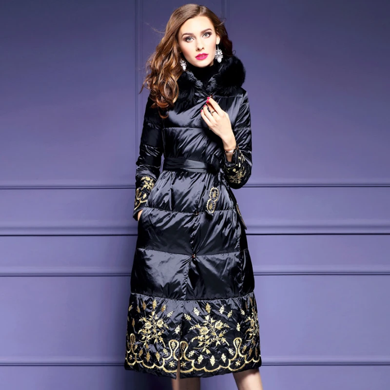Зима Осень Мода женщин s Cothes мех с капюшоном Вышивка Черная длинная стеганая парка пальто, 3xl теплые пальто и парки для женщин