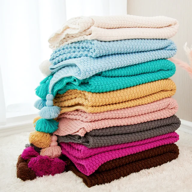 Knit Blanket For Bed with Tassel Plain Travel Blanket Knit Weighted Blanket for Bed Sofa Cover Fashion Carpet 130x170cm 1