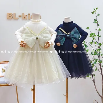 

Children's clothing 2020 autumn and winter new girls sweet wind big bow dovetail knitted princess dress