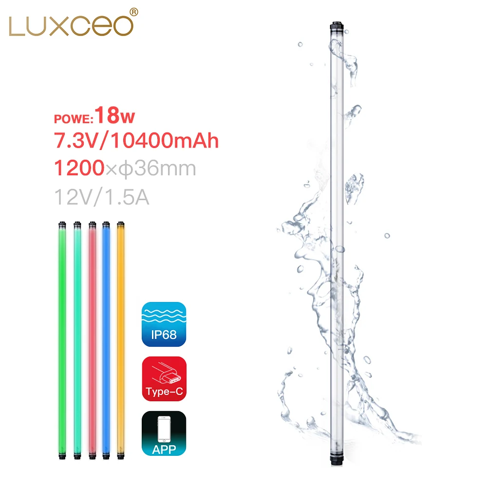US $180.00 LUXCEO P120 Waterproof RGB LED Video Light Wand 120cm IP68 CRI 95 With Battery Remote Control For Photographers Cinematographer