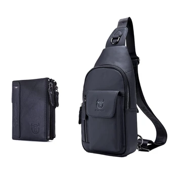 

FGGS-Bullcaptain 2 Pcs Genuine Leather Men Shoulder Bag Casual Crossbody Bag Handbag Men Chest Bag Black, 12x9.5x3cm & 32x17x9cm