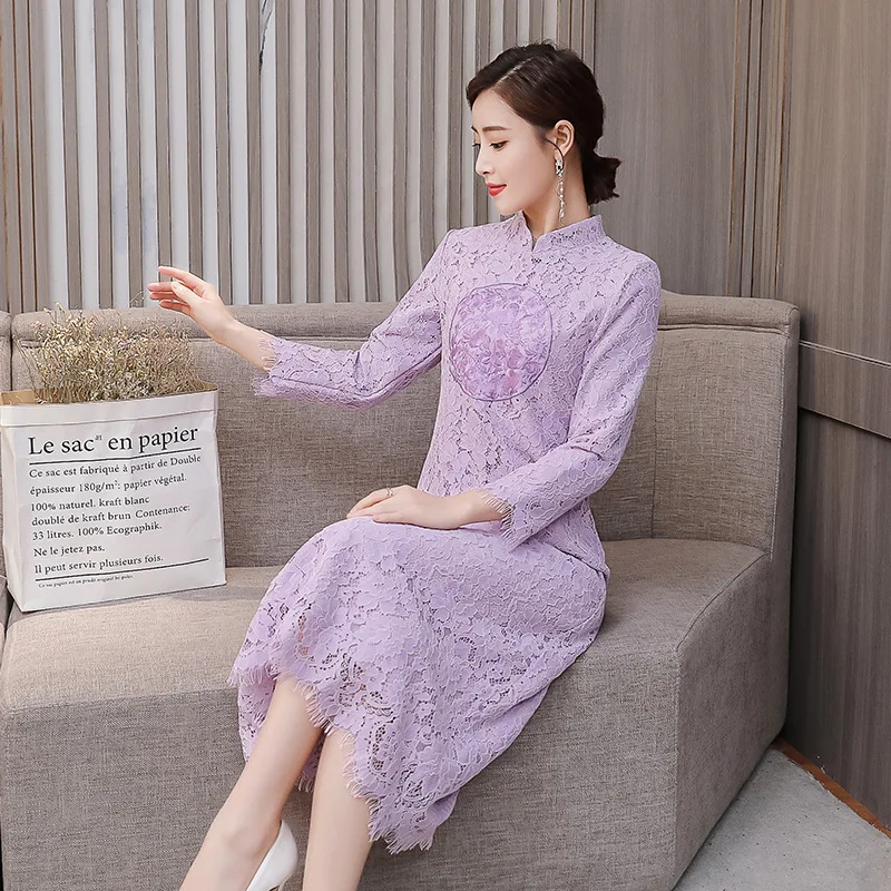 

Origional 2019 Spring New Style Korean-style Stand Collar Slim Fit Slimming Mid-length Lace Three-quarter-length Sleeve Dress Wo