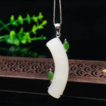 

925 Sterling Silver White Green HeTian Jade Inlay Cute Bamboo Design Lucky Pendant + Chain Necklace Charm Fine Jewelry Gift