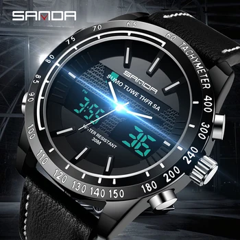 

SANDA Brand Men's Watches Men Waterproof Sports Watch 774 Pointer Electronic Two Display Clock Leather Strap Reloj Hombre