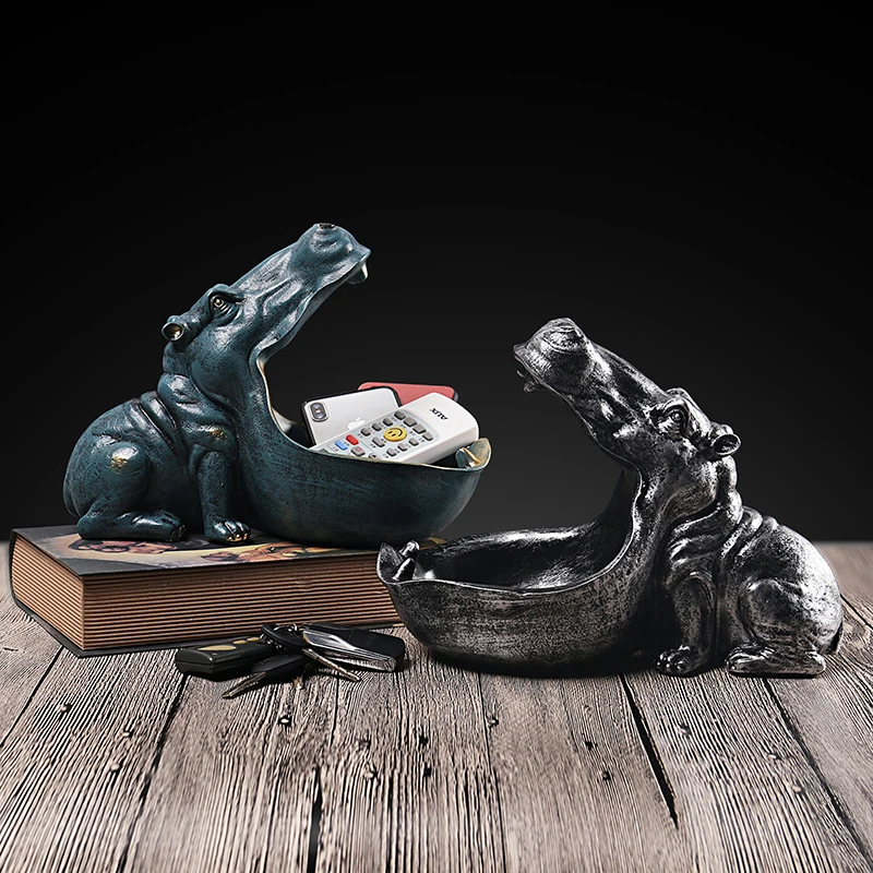 Online VILEAD 22cm resina hipopótamo estatuillas llavero decoración de escritorio accesorios para el hogar porche Control remoto almacenamiento Animal ornamento regalo