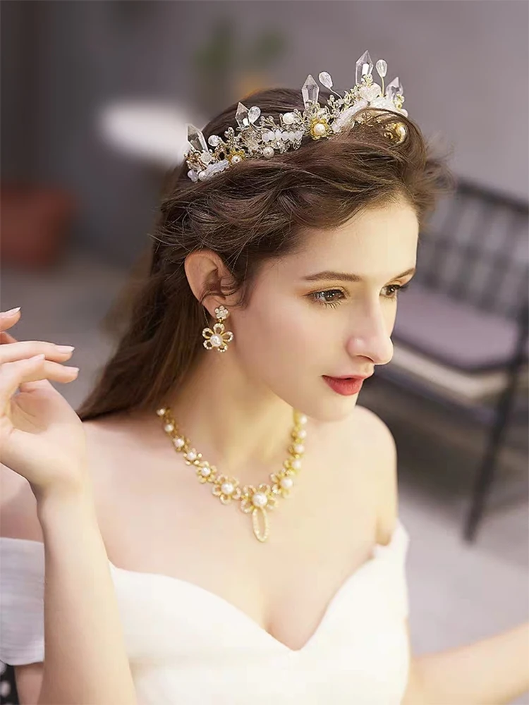 Wedding Women Shell Pearl Crystal Rhinestone Crown Bride Bridesmaid Gold Plating Head Hoop Bridal Metal Flower Hair Band Tiara Wedding Women Shell Pearl Crystal Rhinestone Crown Bride Bridesmaid Gold Plating Head Hoop Bridal Metal Flower Hair Band Tiara