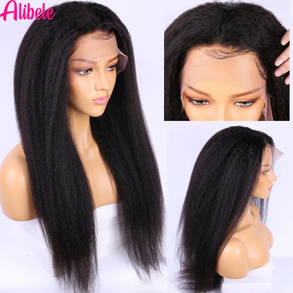 Alibele Yaki Kinky Straight Lace Front Human Hair Wig Corse Yaki Straight 13x4 Pre Plucked Human Hair Wig 14-30 Lace Frontal