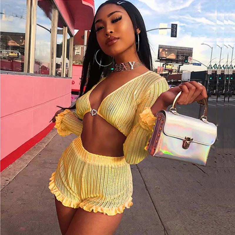 

Women Lace Up Two Piece Sports Crop Top Long Sleeve Shorts Summer Set Outfits Exotic Sets Summer Femme Costume Ladies Clothes