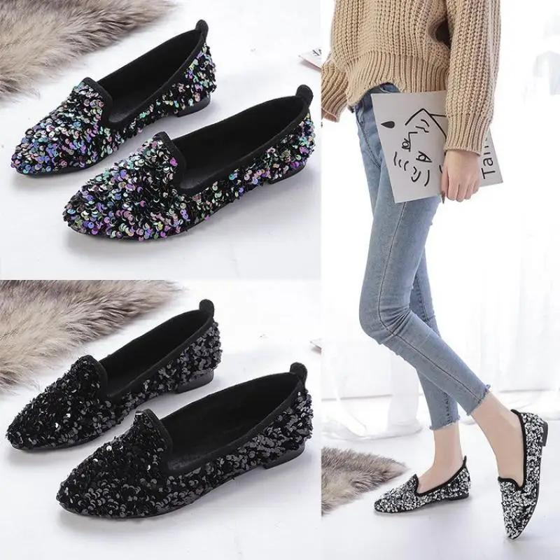 

SWYIVY Women Flats Square Toe Low Heel Sequins Bling Slip On Shallow Shoes Spring Autumn Single Shoes Loafers Muller Shoes